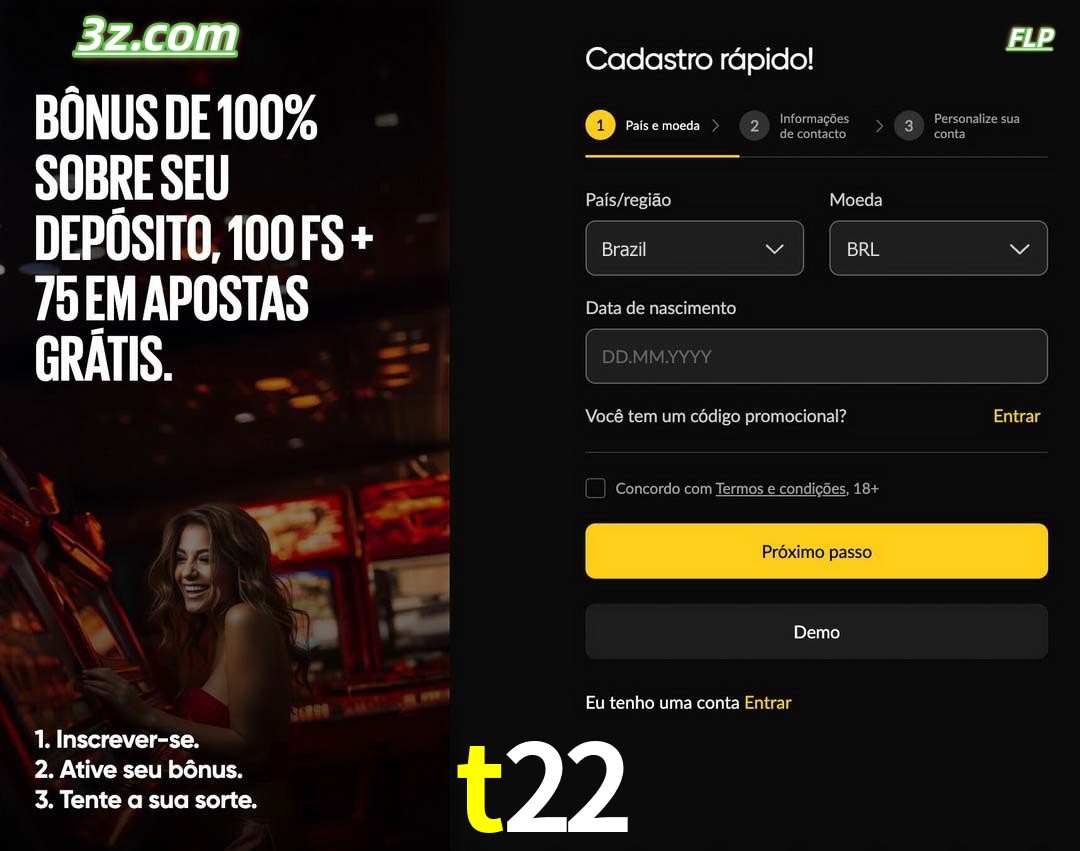 t22 registro oficial cassino online Brasil com bônus de depósito e free spins